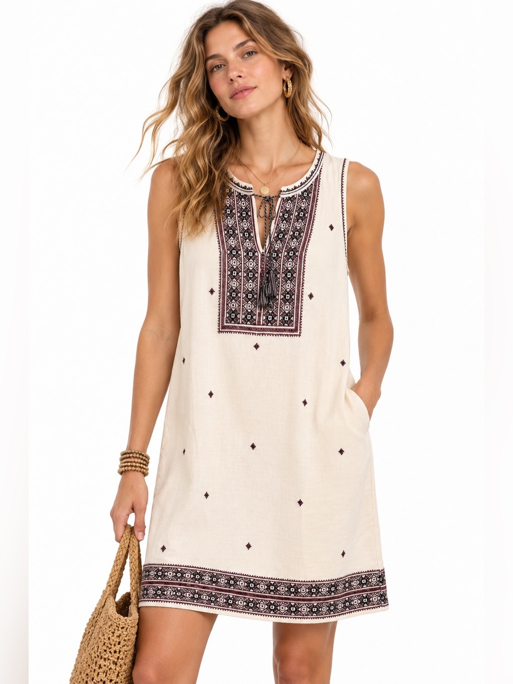 Madewell Embroidered Cotton Shift Dress Boho Folk Art Tassel Ivory Size 2